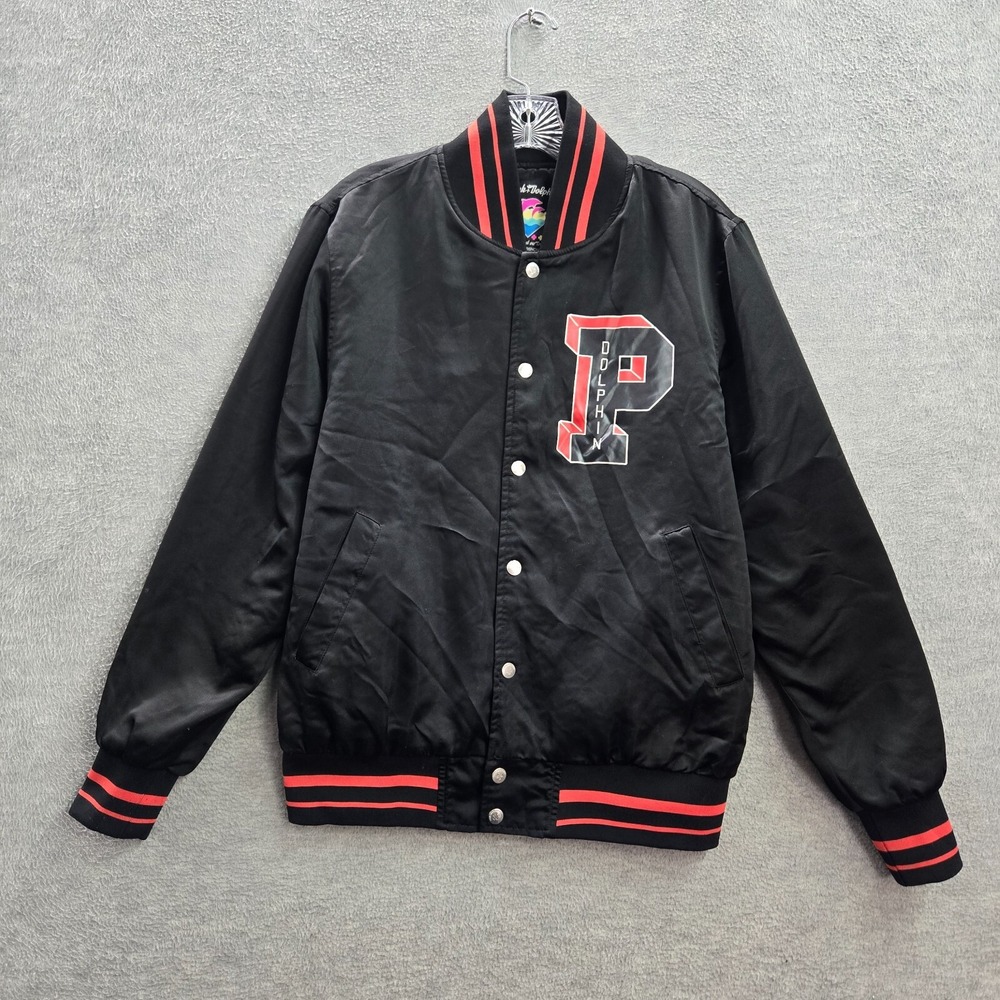 Pink‎ + Dolphin Men Jacket M Black Bomber Varsity Paint Splatter Quilted Lined